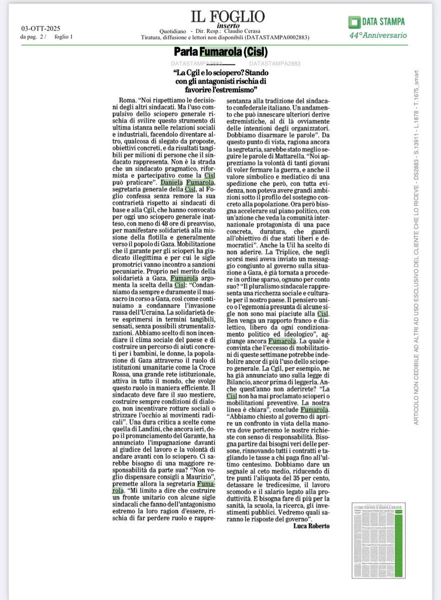 #DanielaFumarola intervistata da Il Foglio: <<  Noi rispettiamo le decisioni degli altri sindacati. Ma l’uso compulsivo dello sciopero generale rischia di svilire questo strumento di ultima istanza nelle relazioni sociali e industriali, facendolo diventare altro, qualcosa di