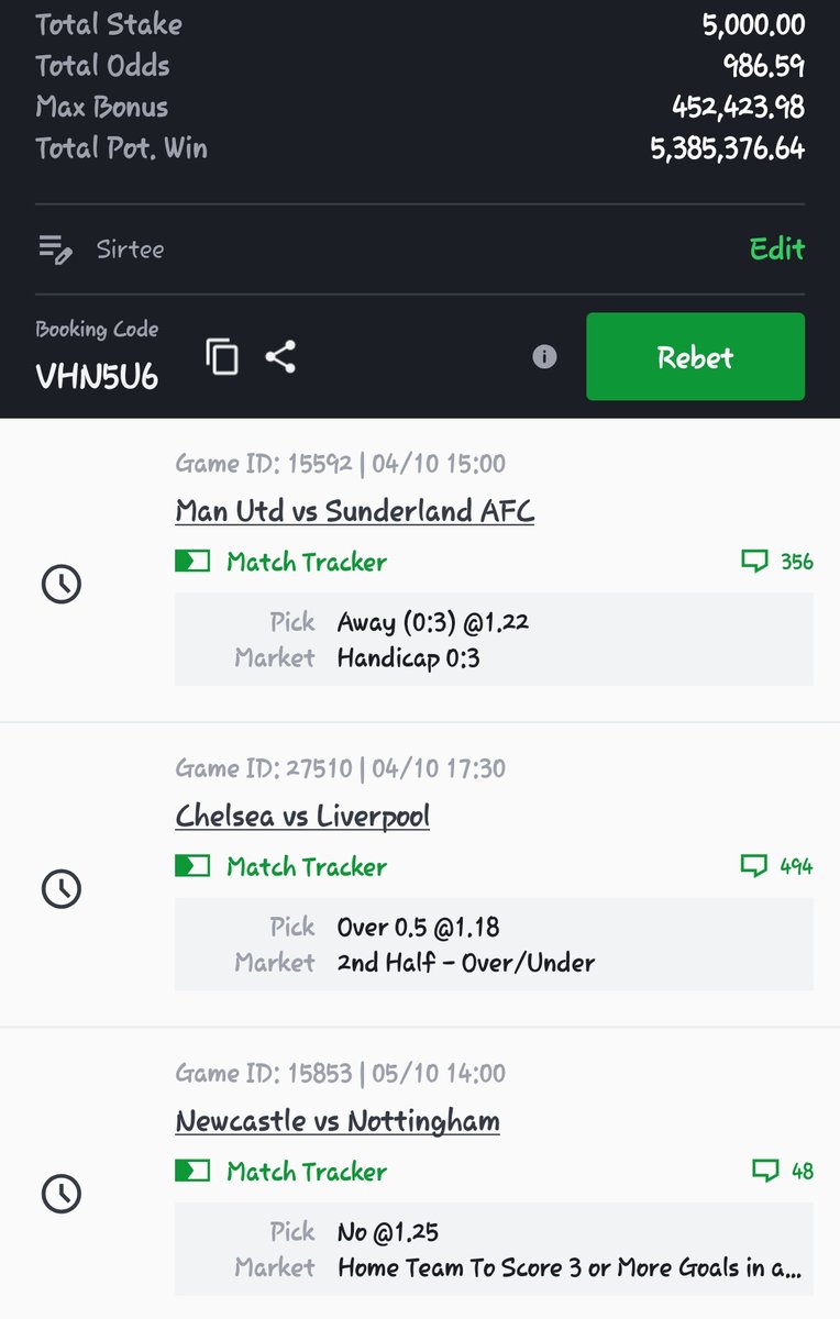 2half under2.5 &amp; Edit.
Over1.5 
Mixed Option. 
Games start today &amp; Ends on Sunday. 

Kindly drop edit