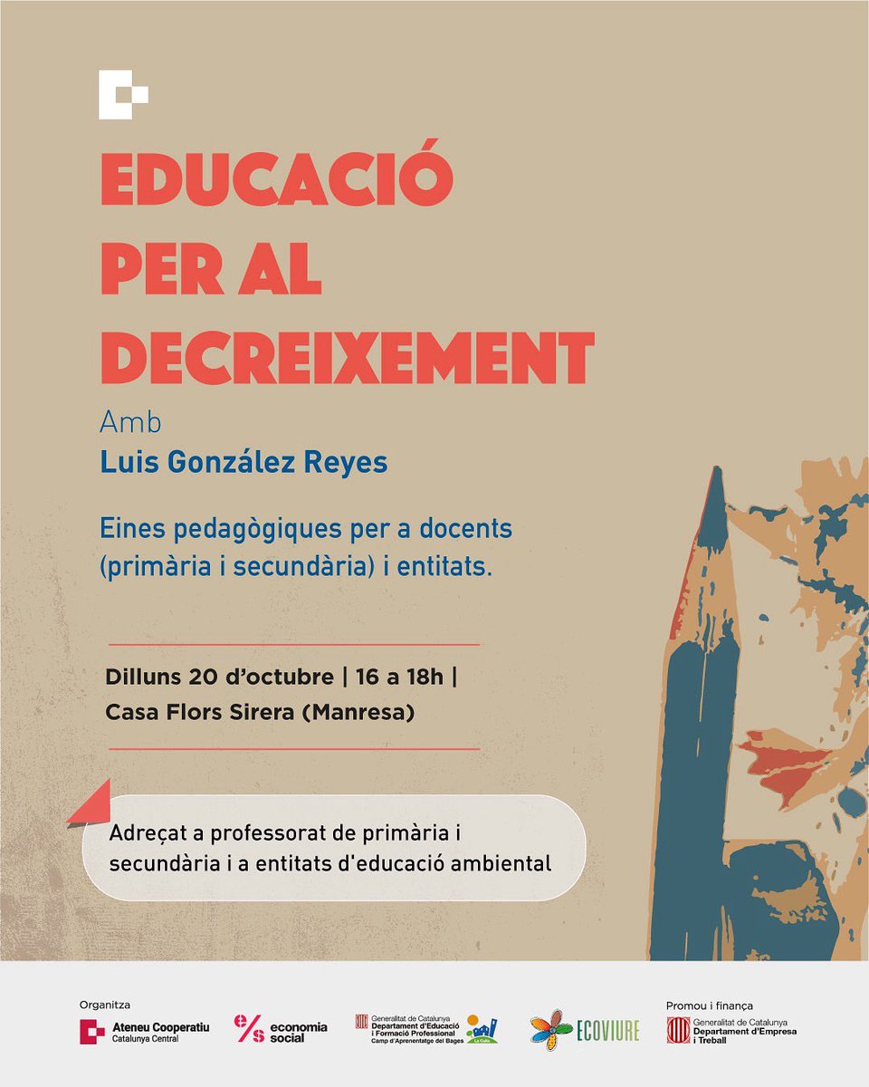 Formació per professorat i entitats

🗣️Educació per al Decreixement. Eines pedagògiques per a docents (primària i secundària) i entitats

Amb Luis González Reyes, que compartirà les propostes que han elaborat per parlar de decreixement amb l’alumnat

👉🏽forms.gle/N2twWAfQYJsitv…