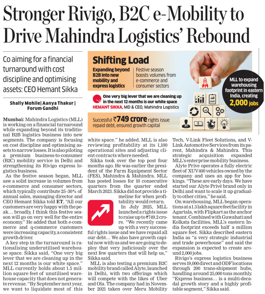 Mahindralog_MLL's tweet image. In conversation with @EconomicTimes, @hsikka1, MD &amp;amp; CEO, highlighted that our strategic turnaround is anchored in strengthening our express business, scaling #Alyte as a premium B2C e-Mobility solution &amp;amp; expanding our warehousing footprint. #MahindraLogistics @GandhiForum