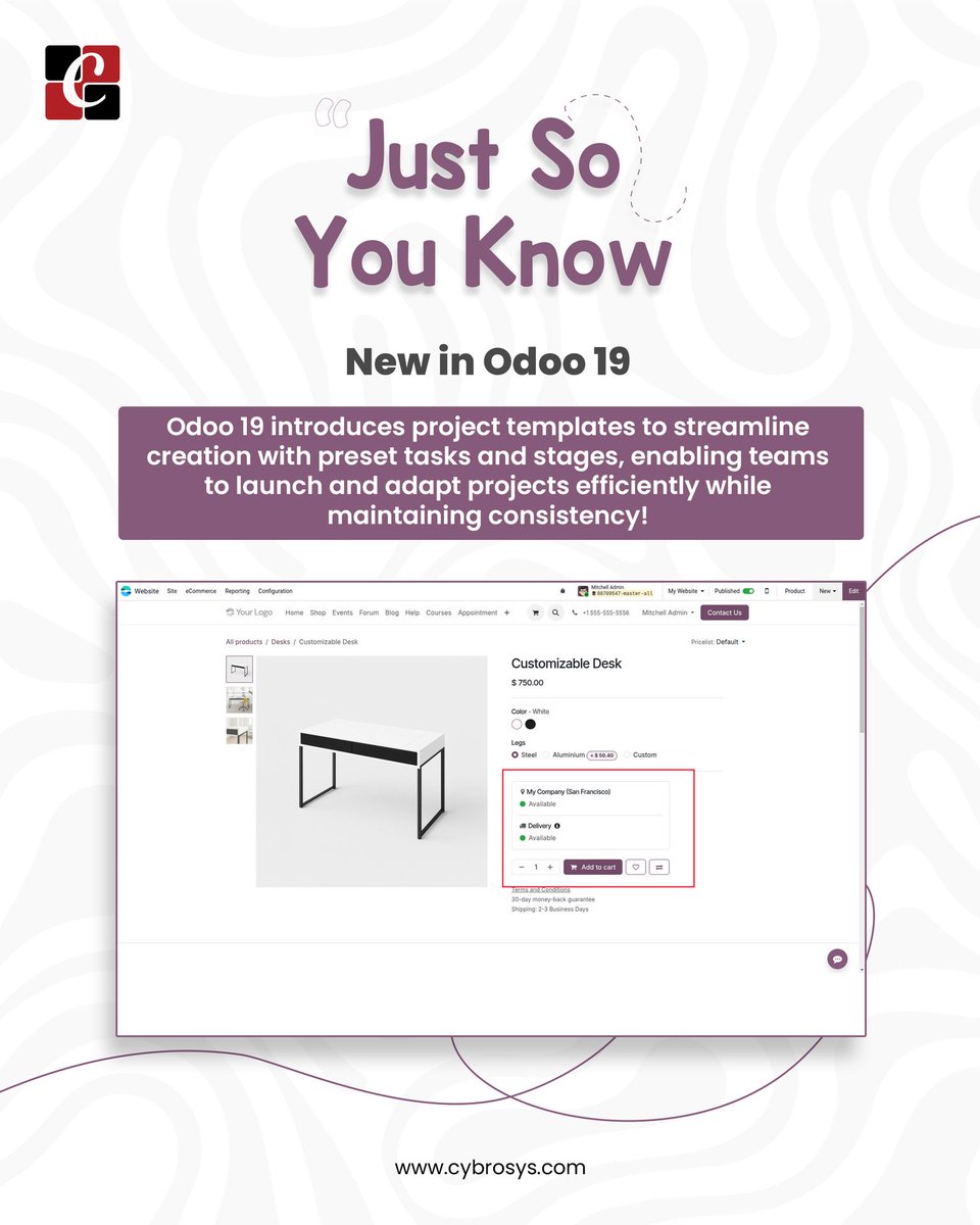 Cybrosys's tweet image. ✨ Odoo 19 just dropped a major eCommerce upgrade! 
Now customers see live stock status and estimated delivery right on the product page. ➡️ Instant trust, better experience, faster sales.
Boost your retail game with Odoo 19.
cybrosys.com
#Odoo19 #OdooERP #OnlineRetail