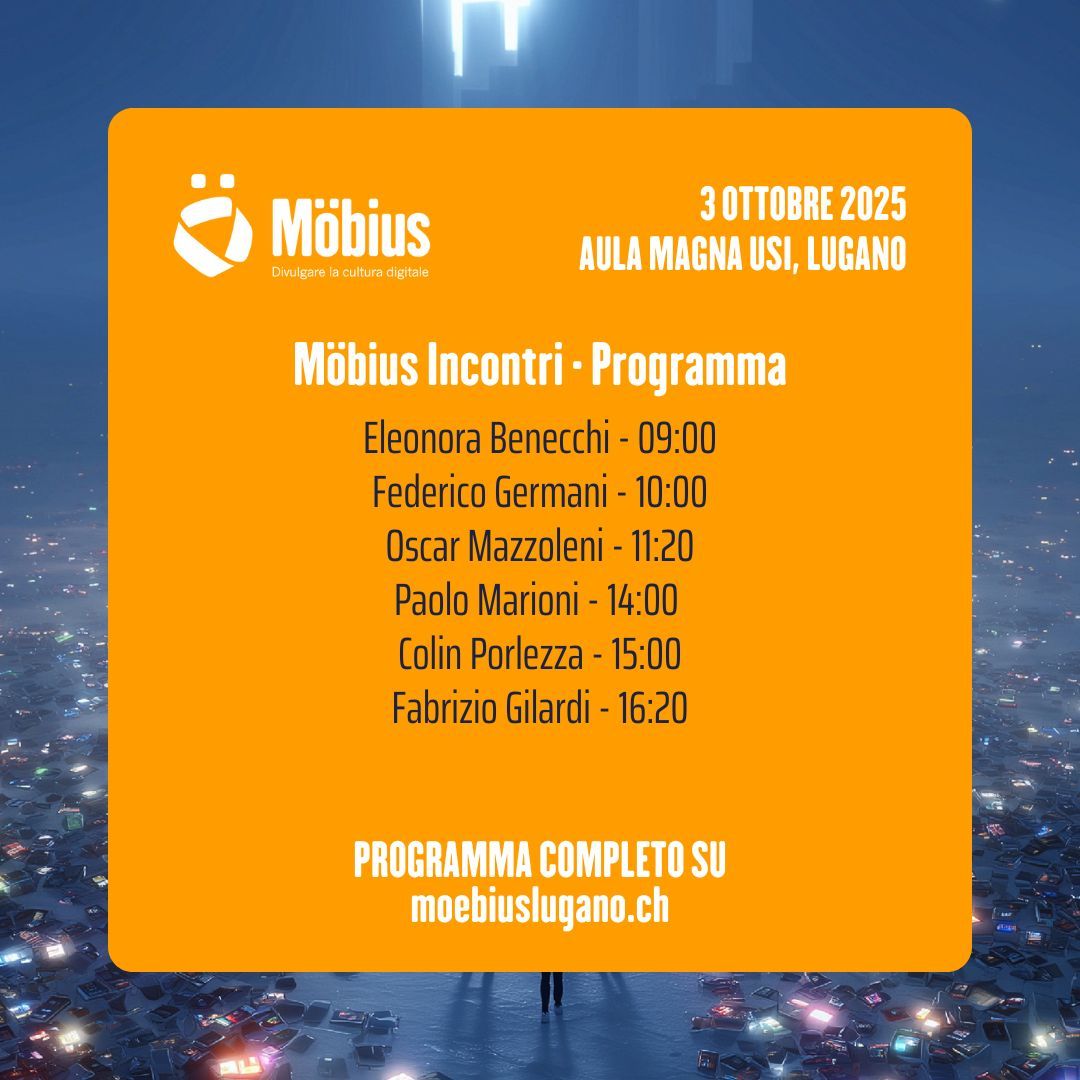 FondazMoebius's tweet photo. Oggi Möbius Incontri (USI Lugano, dalle 09:00):
Benecchi • Germani • Mazzoleni • Marioni • Porlezza • Gilardi.
🔗 https://t.co/M6x5lhtvfp https://t.co/G17X68QfFT