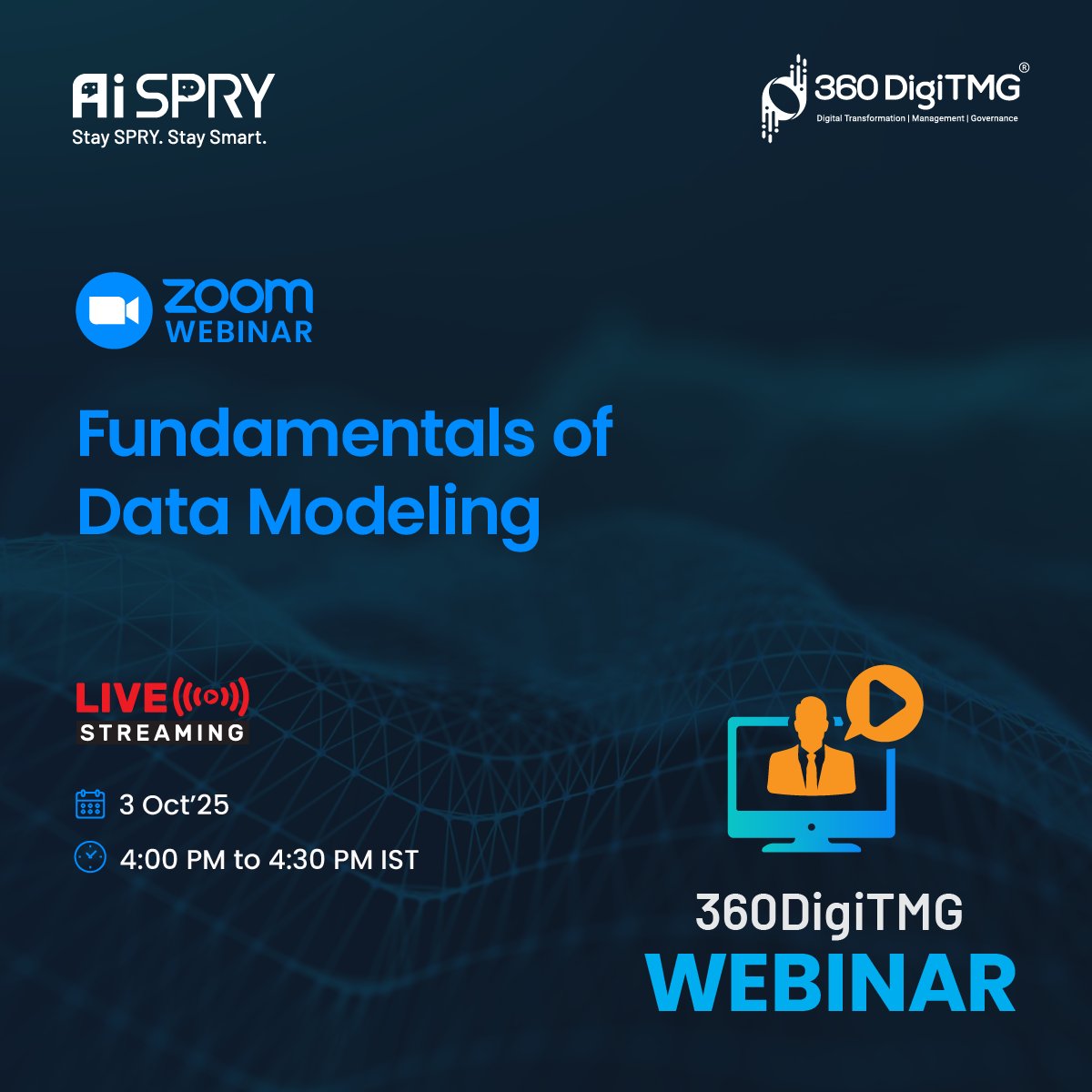360digitmg's tweet image. 🚀Fundamentals of Data Modeling | 360DigiTMG

📅 Date: 3rd September 2025
🕓 Time: 4:00 PM IST

📝 Register Now by clicking the link below 👇
360digitmg.zoom.us/webinar/regist…

#360DigiTMG #DataModeling #DataScience #DatabaseDesign #DataAnalytics #DataEngineering #TechSkills #FutureReady