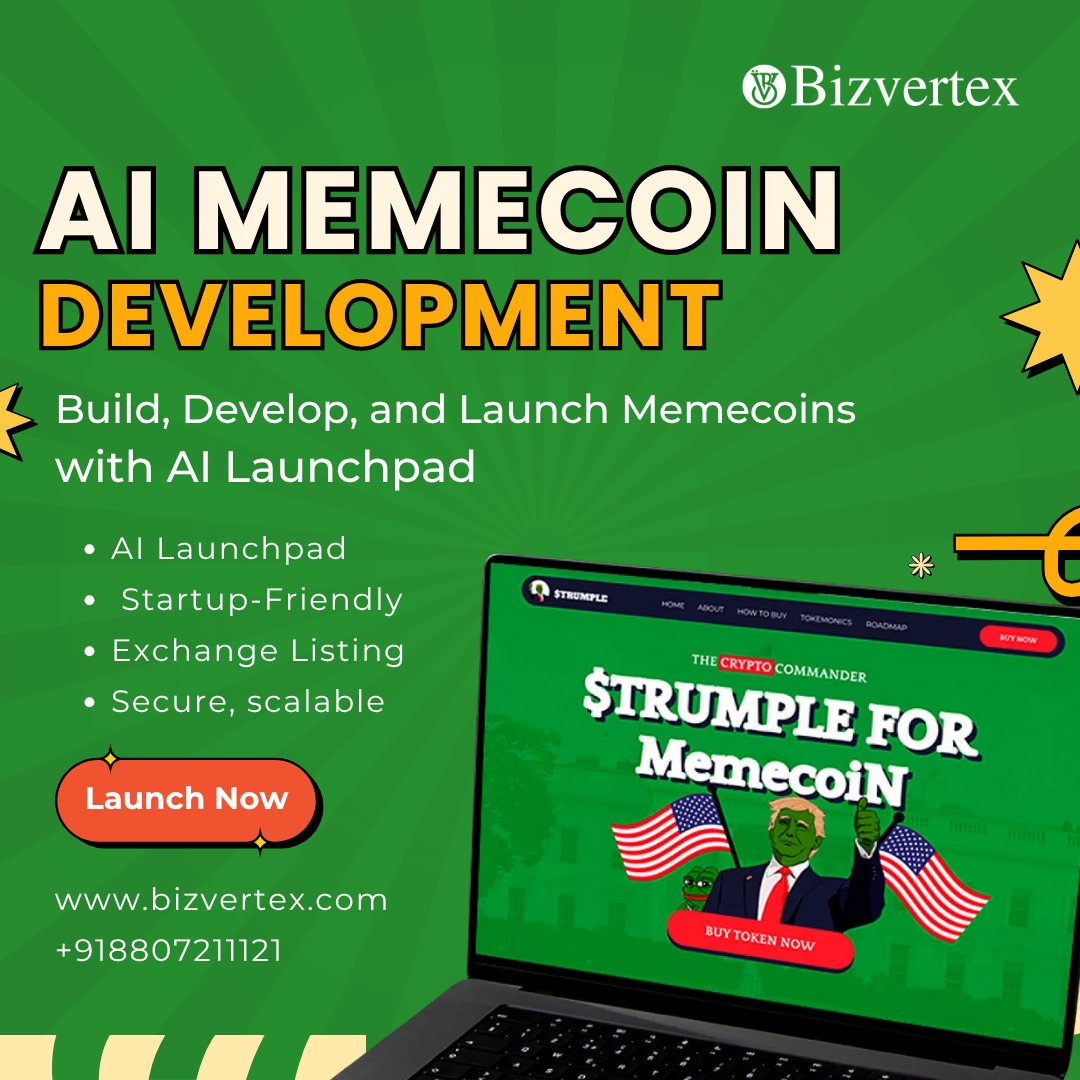 bizvertex's tweet image. AI Launchpad for Next-Gen #MemeCoinDevelopment. We specialize in #MemeCoin  development services powered by #AIlaunchpads that streamline creation, accelerate deployment, &amp;amp; ensure market availability.

Visit here- bizvertex.com/ai-meme-coin-d…

#Bizvertex #Crypto #Blockchain #Web3 #AI