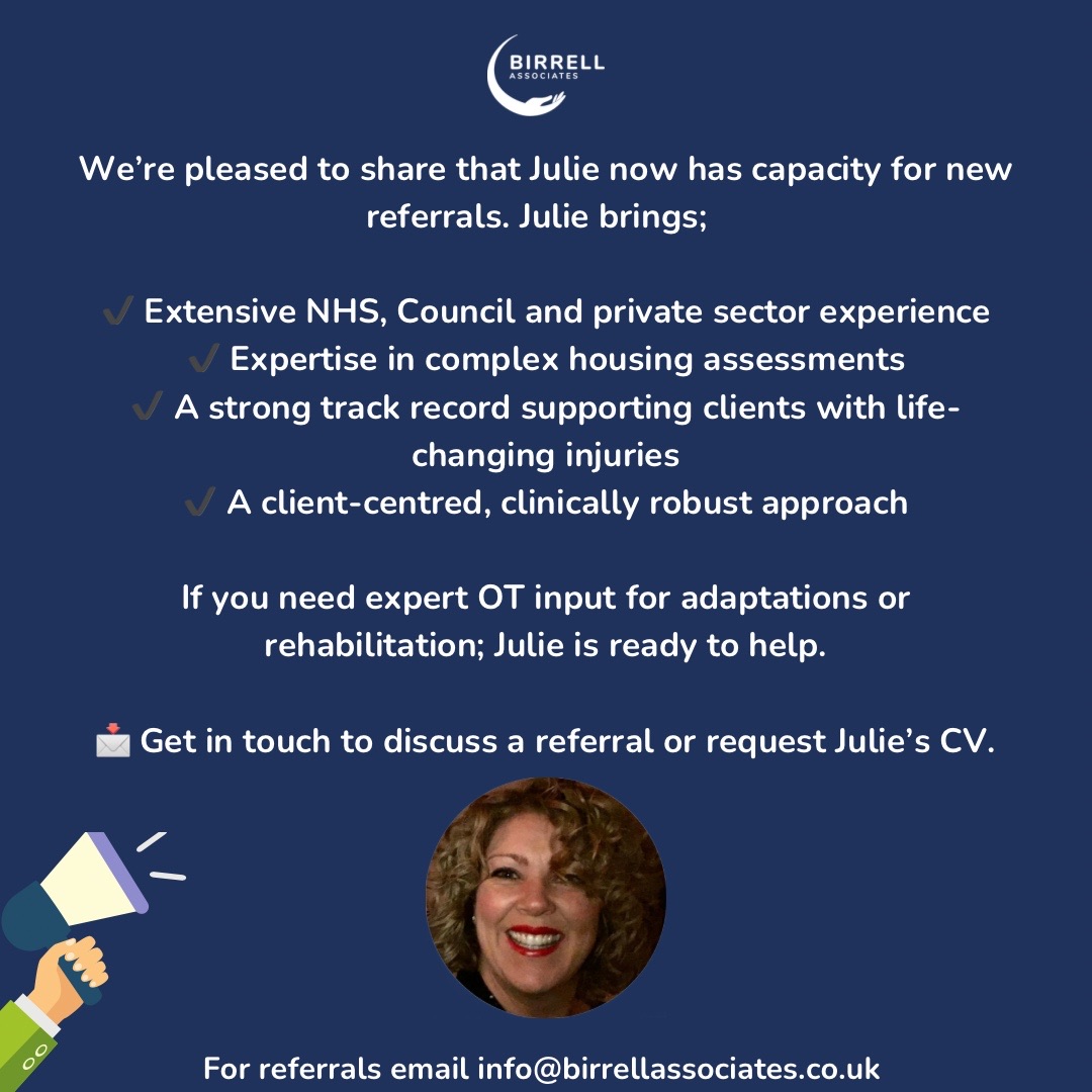 New referral capacity available! 📢 If you need expert OT input for adaptations or rehabilitation; Julie is ready to help. 

#Occupationaltherapy #HousingOT #RehabOT #DFGassessments #Catastrophicinjurysupport #Referralsopen