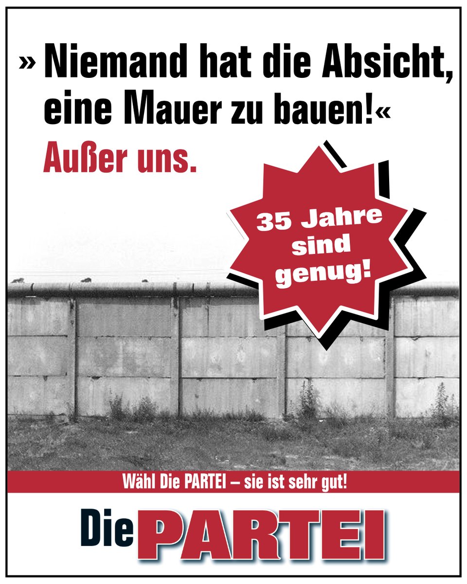 Am 3. Oktober 2025 ist es 35 Jahre her, dass wir im schützenden Schatten der #Mauer lebten. Das Projekt "Einheit" ist gescheitert. Wir bauen die Mauer wieder auf und geben den paar Menschen, die nicht die #FCKAFD wählen, die Möglichkeit die #Zone bis Ende des Jahres zu verlassen.