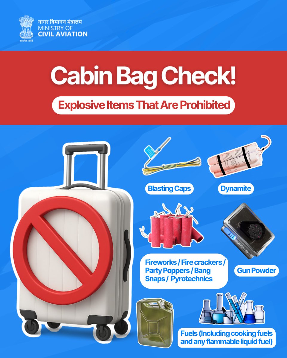 MoCA_GoI's tweet image. The Ministry of Civil Aviation informs all passengers about the Explosive Items that are prohibited in cabin baggage due to security regulations. 

These restrictions fall under a comprehensive classification system that divides items into eight categories: Weapons and Replicas,…