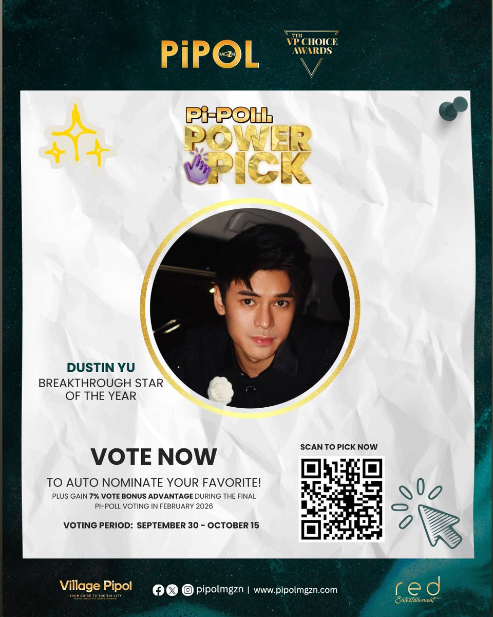 pipolmgzn's tweet photo. Is #DustinYu your pick for Breakthrough Star of the Year?

Use your #7thVPChoiceAwards Pi-PoLL Power Pick now to auto-nominate him and secure his spot as an official nominee for the #7thVPCA — plus get a 7% vote bonus in the Final #PiPoLL voting this February 2026.

Cast your votes now via the Web Voting Portal powered by Choicely 👉 https://t.co/5TOzLS9eYG

More details here: https://t.co/rAjZS5LWgK

#VPChoiceAwards #PiPoLLPowerPick #PIPOLmgZn #VillagePipol