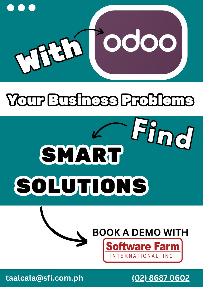 SoftwareFarm's tweet photo. "Turn business problems into opportunities with Odoo ERP."
Odoo’s Key Features as a Smart ERP System
• Automated “Smart Buttons”
• Automated Workflows
• Real-Time Data
• Comprehensive Integration
“Let’s set up your demo with SFI. 
#odoo #softwarefarm https://t.co/miHCE3BXKV
