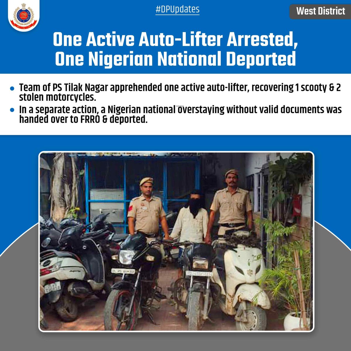 DCPWestDelhi's tweet photo. Team of PS Tilak Nagar , have arrested an active auto-lifter  near CRPF Camp,  with 1 scooty &amp; 2  motorcycles , solving three MV theft cases.

In a separate action, a Nigerian national overstaying without valid documents was handed over to FRRO 
#DPUpdates
@DelhiPolice https://t.co/hn1s1L4sIV