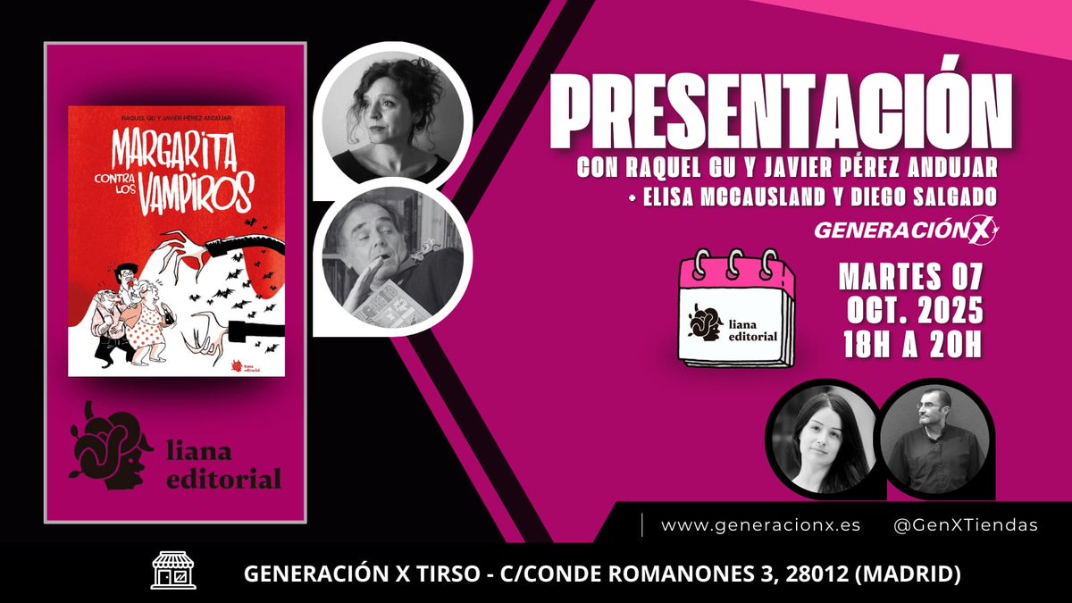 Atención, gran velada el martes: <a href="/reinohueco/">Elisa McCausland</a> y servidor charlaremos con dos pesos pesados del cómic de nuestro país, Javier Pérez Andújar y Raquel Gu, sobre MARGARITA CONTRA LOS VAMPIROS, una de las obras más singulares —y divertidas— de la temporada. Todo, en <a href="/GenXTiendas/">Generación X</a> Tirso.