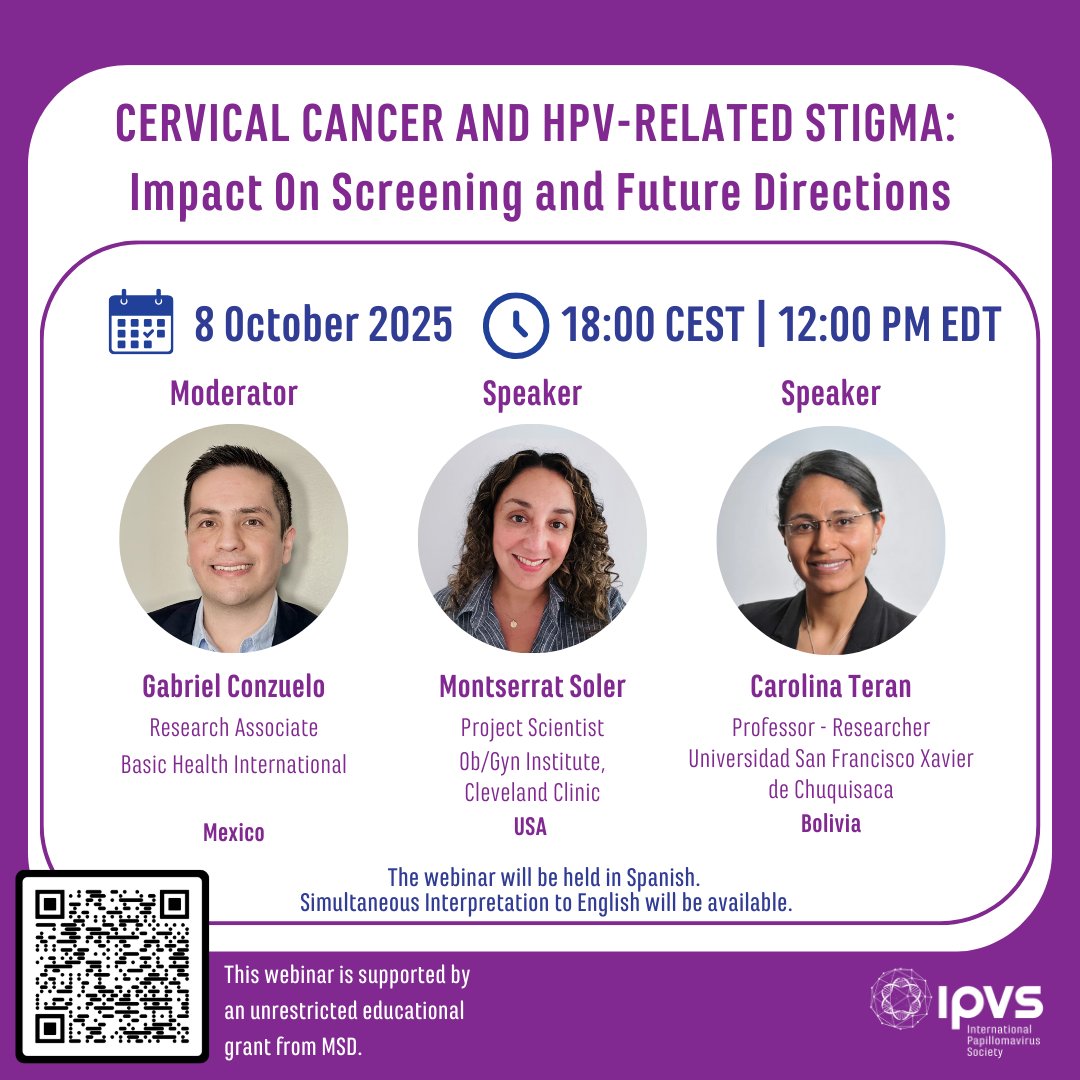 📢 Register now!
Webinar Cervical cancer &amp; HPV-related stigma: impact on screening &amp; future directions
🗓 Oct 8 | Speakers: M. Soler, C. Teran | Moderator: G. Conzuelo
🔗 bit.ly/4nfTnYJ
In Spanish, English interpretation | <a href="/IPVSociety/">IPVS - International Papillomavirus Society</a>