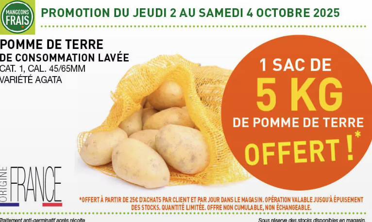 Alors que les producteurs🥔affrontent une campagne particulièrement difficile, <a href="/mangeons_frais/">Mangeons frais</a> <a href="/GBlachere/">Groupe Blachère</a>  choisit de brader notre production en offrant 5 kg de pommes de terre❌ C’est une provocation🚨 L’UNPT demande le retrait immédiat de cette opération et alerte : ces