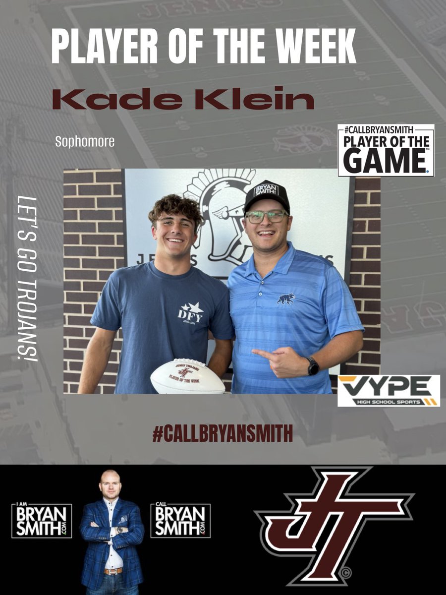 iambryansmith's tweet photo. It’s football time in Oklahoma!
The #callbryansmith player of the Game™️ is Kade Klein of the Jenks Trojans!
-VYPE Content Partner-
@jenkstrojans @JenksFootball https://t.co/Zrn8ZsTKLI