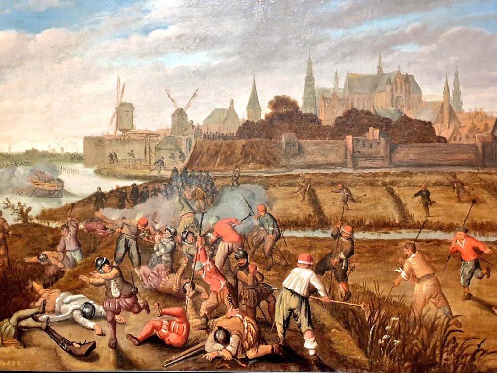 Martin1960's tweet photo. “Het holgehongerd volk, wijf, man, oud, jonk, boordde bol en dik den oever, en overwelfde de vaart, met uitstrekken van schouderen, armen, en handen, om te vangen ’t brood, haring, kaze, en andre spijzen hun toegeworpen, door de bootsluiden” #3oktober #LeidensOntzet #PCHooft https://t.co/wm2vBThwMH