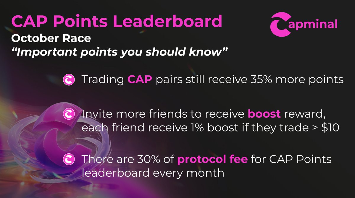 📢 October Race
---
<a href="/captain_dackie/">Captain Dackie</a> please create a lucky draw!

• Reward 5$ $CAP each people
• Follow <a href="/capminal/">Capminal</a>,  like/retweet/tag 3 friends on this post
• There are 5 lucky winners
• Duration: 3 days
---

Important points you should know!

🟪 Let's swap on Capminal or stake