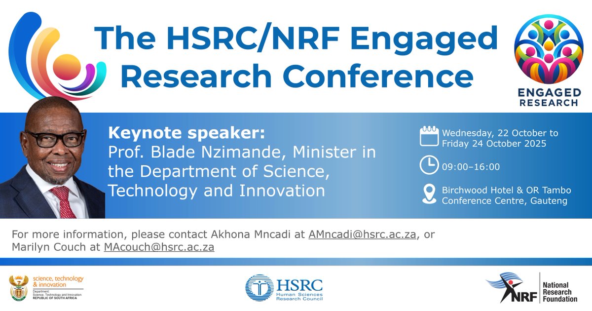 It is an honour to host the Minister of Science, Technology and Innovation, Prof Blade Nzimande, as keynote speaker at the much-anticipated Engaged Research Conference 2025.  

📆 22 – 24 October 2025 
⏰ 09:00 – 17:00 
📍 Birchwood Hotel and OR Tambo Conference Centre + online