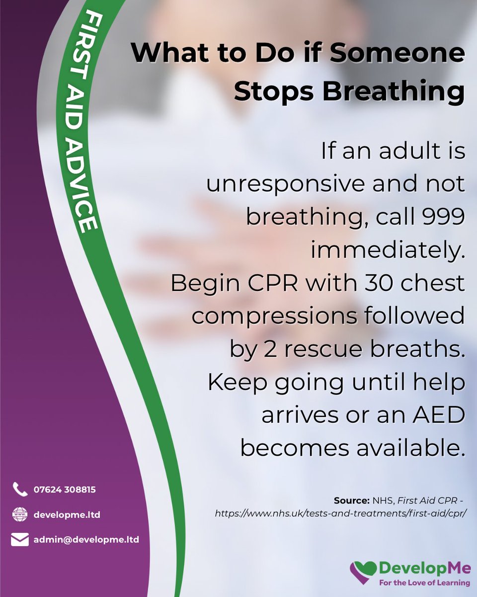 developmeltd's tweet image. 🩹 FIRST AID TIP 🩹
If someone collapses and isn't breathing, call 999 and start CPR immediately. Push hard and fast in the centre of the chest. You don't have to be perfect - you just have to act. Your hands can save a life.
#FirstAidAdvice #CPRTraining #DevelopMe
