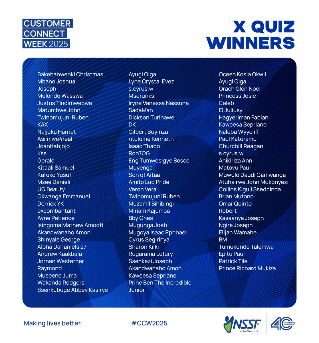 Did you participate in the recent Customer Connect Week quiz? Here is the list of winners! Look out for your name. Inbox your name, contact and nearest branch, if you haven't done so already, to be contacted with details on when to collect your prize.