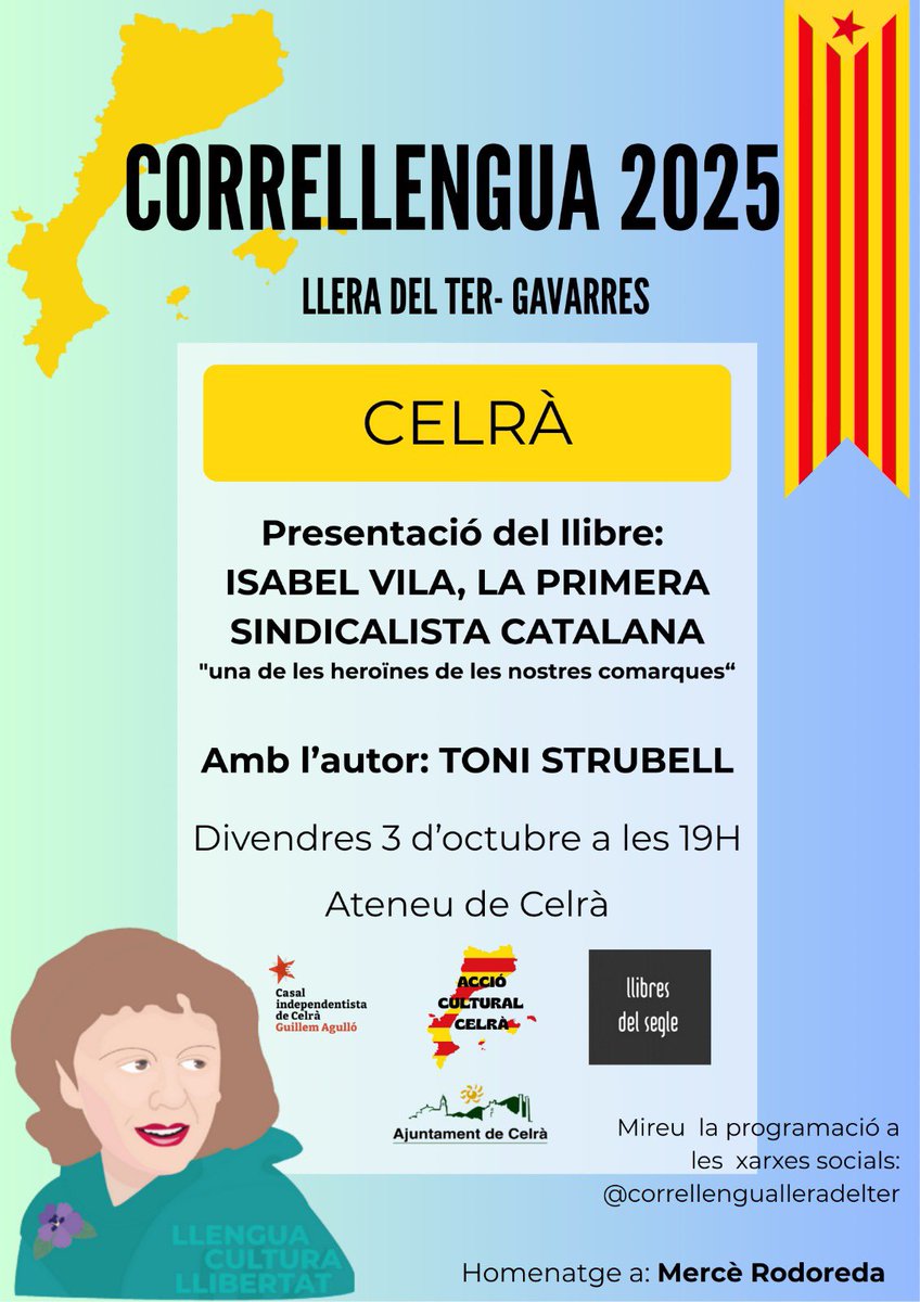 Si no sabeu què fer, avui a l’ <a href="/AteneuCelra/">Teatre l'Ateneu de Celrà</a> , presentació del llibre “Isabel Vila, la primera sindicalista catalana” dins dels actes #correllengua amb <a href="/tonistrubellt/">ToniStrubellTrueta🎗️República Catalana</a> <a href="/LlibresdelSegle/">Llibres del Segle</a> <a href="/ajcelra/">Ajuntament de Celrà</a>
