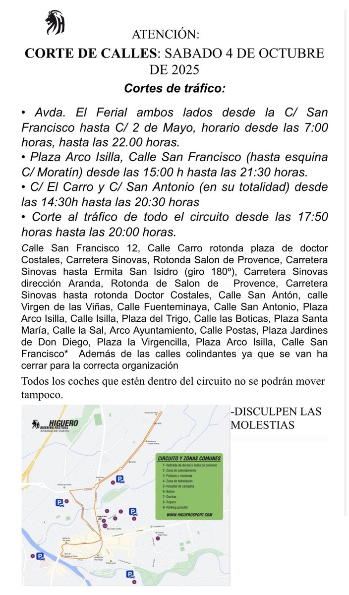 🚨 Aviso importante | Aranda de Duero

Con motivo de la <a href="/HigueroRF2025/">HigueroRunningFestival2025</a> habrá cortes de tráfico en varias calles. Pedimos disculpas por las molestias que puedan ocasionar.

Detalles en la imagen 👇