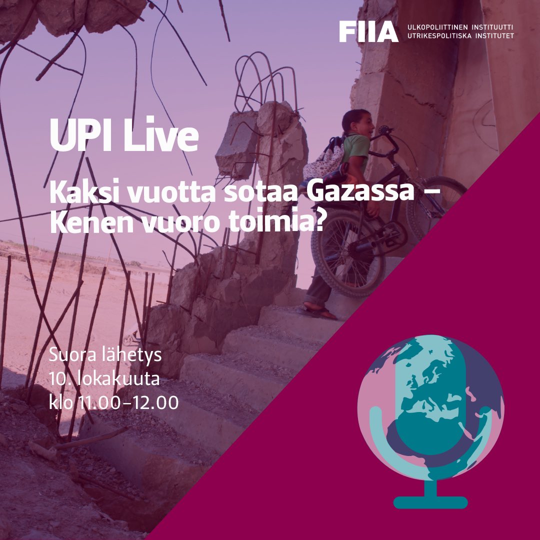 Gazan sota on jo kaksi vuotta aiheuttanut tuhoa, jonka lopettamiseksi kv-yhteisö ei ole löytänyt yksimielistä ratkaisua. Miten kärsimys pysäytetään?

UPI Livessä 10.10. keskustelemassa UPIn tutkijat <a href="/TimoStewart/">Timo R. Stewart</a> ja Katariina Mustasilta.

Lue lisää: fiia.fi/tapahtumat/upi…