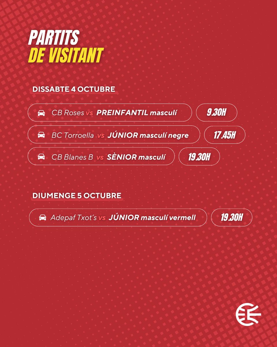 🏀 Segona jornada de competició oficial! Aquests seran els partits del proper dissabte 4 i diumenge 5 d'octubre! ❤️🖤💪🏼

#cbescolapies
#negreiroigsonelscolors
#viuelbasquetenvermell