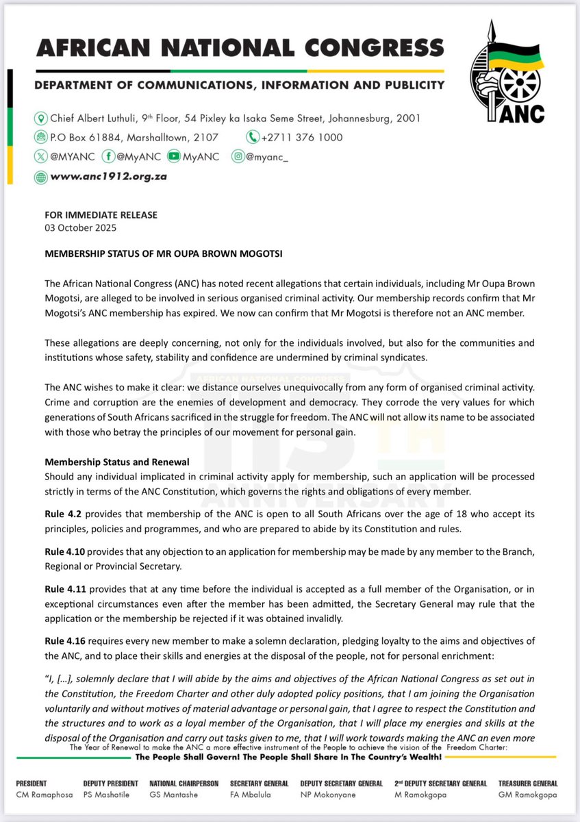MbalulaFikile's tweet image. The African National Congress (ANC) has noted recent allegations that certain individuals, including Mr Oupa Brown Mogotsi, are alleged to be involved in serious organised criminal activity. Our membership records confirm that Mr Mogotsi’s ANC membership has expired. We now can
