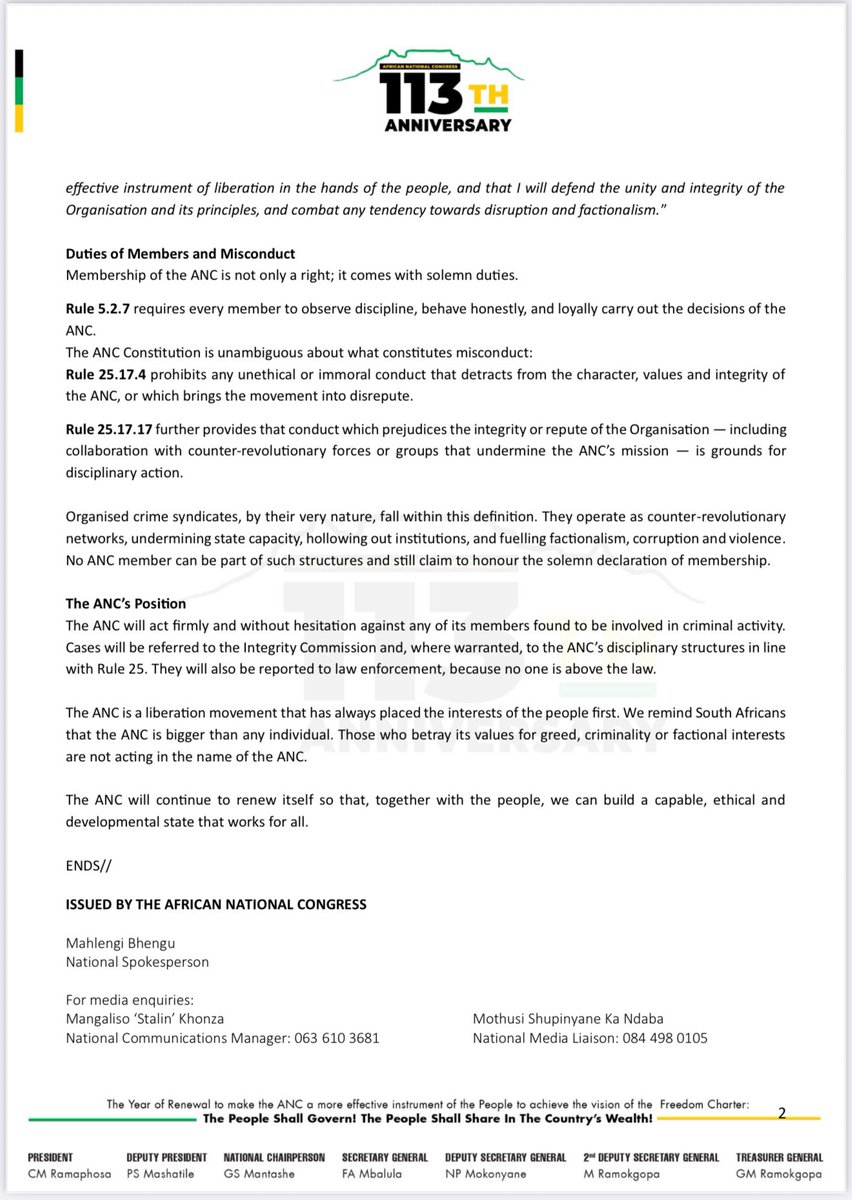 MbalulaFikile's tweet image. The African National Congress (ANC) has noted recent allegations that certain individuals, including Mr Oupa Brown Mogotsi, are alleged to be involved in serious organised criminal activity. Our membership records confirm that Mr Mogotsi’s ANC membership has expired. We now can