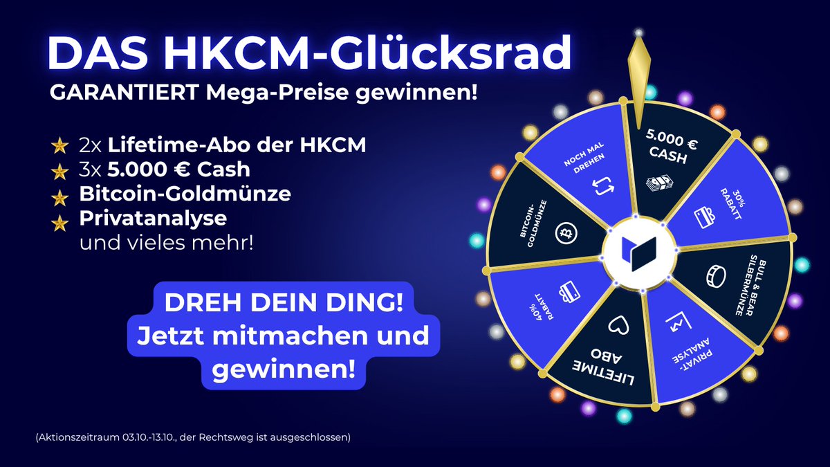 DAS HKCM-GLÜCKSRAD

Ab heute GARANTIERT Mega-Preise gewinnen!

2x Lifetime-Abo der HKCM
3x 5.000 Cash
Bitcoin-Goldmünze
Privatanalyse und vieles mehr!

Jetzt mitmachen und gewinnen!

(Aktionszeitraum 03.10.-13.10., der Rechtsweg ist
ausgeschlossen)

hkcmanagement.de/produkte
