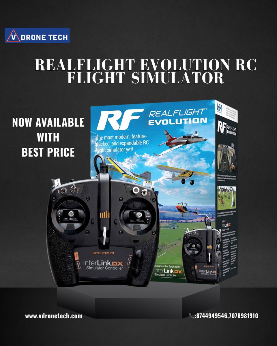 vdronetech's tweet image. Get ready to take your RC flying skills to new heights with the RealFlight Evolution RC Flight Simulator! 🚀 Available now at the best price with the Spektrum InterLink DX controller. Perfect for beginners and pros alike! 🛩️
.
.
#RCFlightSimulator #RealFlightEvolution #VDroneTech