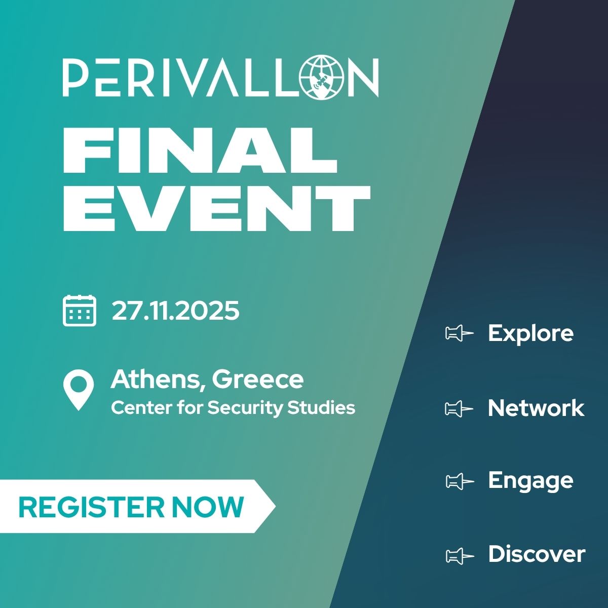 𝗣𝗘𝗥𝗜𝗩𝗔𝗟𝗟𝗢𝗡 𝗙𝗶𝗻𝗮𝗹 𝗘𝘃𝗲𝗻𝘁

The PERIVALLON Project is reaching its #conclusion!
Join us on 27 November 2025 in Athens for the Final Event: showcasing results, live demos &amp; insights on tackling organised environmental crime.

📝 Register: ec.europa.eu/eusurvey/runne…