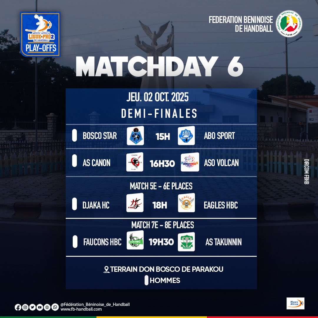 🏆𝗣𝗟𝗔𝗬𝗢𝗙𝗙𝗦 𝗠𝗢𝗢𝗩 𝗔𝗙𝗥𝗜𝗖𝗔 𝗟𝗜𝗚𝗨𝗘 𝗣𝗥𝗢 𝟮

La Moov Africa Ligue Pro 2 entre dans sa phase décisive ce vendredi 03 octobre 2025 au terrain Don Bosco de Parakou. Place aux demi-finales et aux matchs de classement !

#MoovAfricaLiguePro2
#FBHB