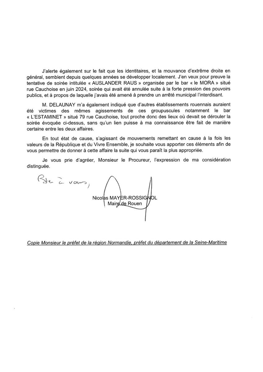 J’ai saisi le Procureur, le Préfet et le Directeur de la Police des agressions menées dans des bars de <a href="/Rouen/">Ville de Rouen</a> par de jeunes identitaires racistes. Cette violence n’a sa place nulle part en République. Nous ne laisserons rien passer. <a href="/Rouen/">Ville de Rouen</a> restera une ville de fraternité.