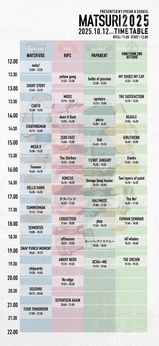 Guessband2's tweet image. ⏰⏰⏰タイテ公開⏰⏰⏰
八王子で開催されるパンクロックフェスMATSURI 2025 @MATSUR_2025  のタイムテーブルが発表されました。

ゲスバンドは10/12(日)、八王子RIPS(@hachiojiRIPS) にて16:55より演奏します。共演激アツ！