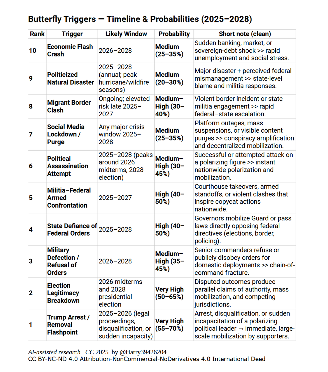 Harry39426204's tweet image. 🔴Top 10 #ButterflyEffect triggers, including timeline and probability, that could cascade toward large-scale internal #instability in the #UnitedStates
#ChaosTheory #CivilWar