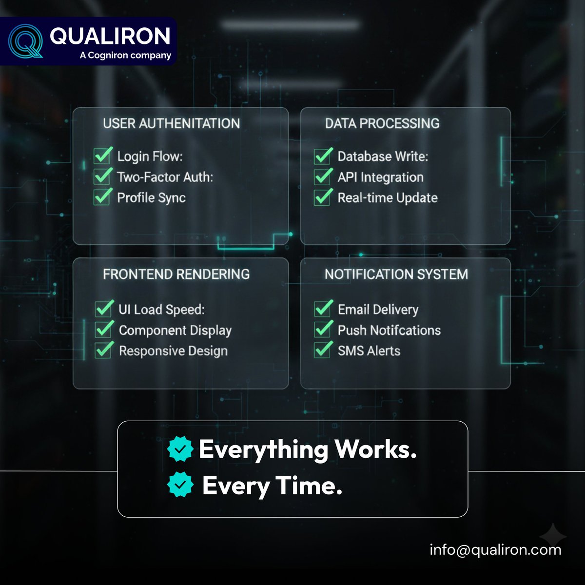 qualiron's tweet image. Functional errors disrupt operations and frustrate users.
 
Qualiron’s Functional Testing validates modules, workflows, and integrations to ensure reliable performance across platforms—because functionality is the foundation of enterprise success.

#FunctionalTesting #Qualiron