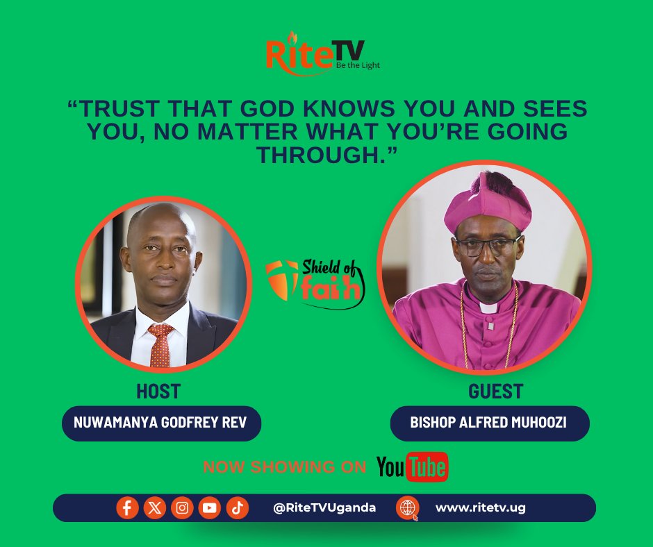RiteTelevision's tweet image. “Trust that God knows you and sees you, no matter what you’re going through.”
Watch Bishop Muhoozi’s testimony with Host Nuwamanya." tap link to watch full video here... tinyurl.com/4s26mjw4#ShieldOfFaith #Testimony #RiteTVUganda