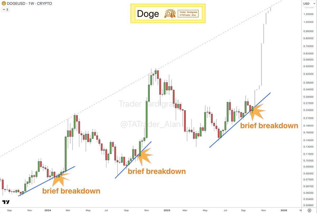 Doge/weekly #Dogecoin has returned to the support trendline, consistent  with past price movements. Explosive pump incoming 🚀