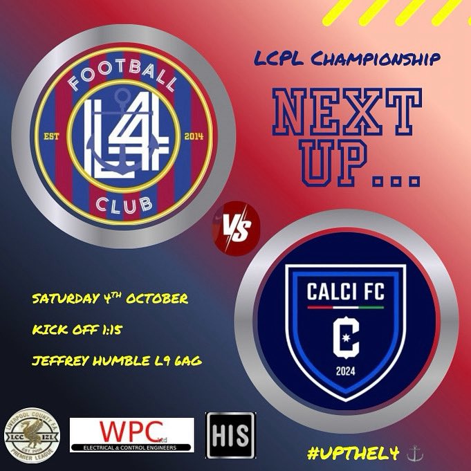 The first of four tough tests in the month of October begins tomorrow as we host last seasons conference league winners <a href="/calci_fc/">Calci FC</a> 

Kick off at Jeffrey Humble is 1:15pm as ever your support would be greatly appreciated. #L4 ⚓️ <a href="/LCPL2012/">Liverpool CPL</a>