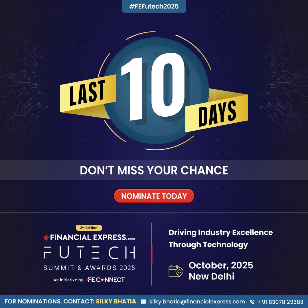 FE_Connect's tweet image. Countdown Alert: Only 10 Days Left!

This is your moment to shine at #FEFutech2025 - where technology meets excellence!

October, 2025 | New Delhi
Nominate today: shorturl.at/HgYNP

#FEFuTech2025 #FEFutechAwards2025 #FEConnect #B2BEvents