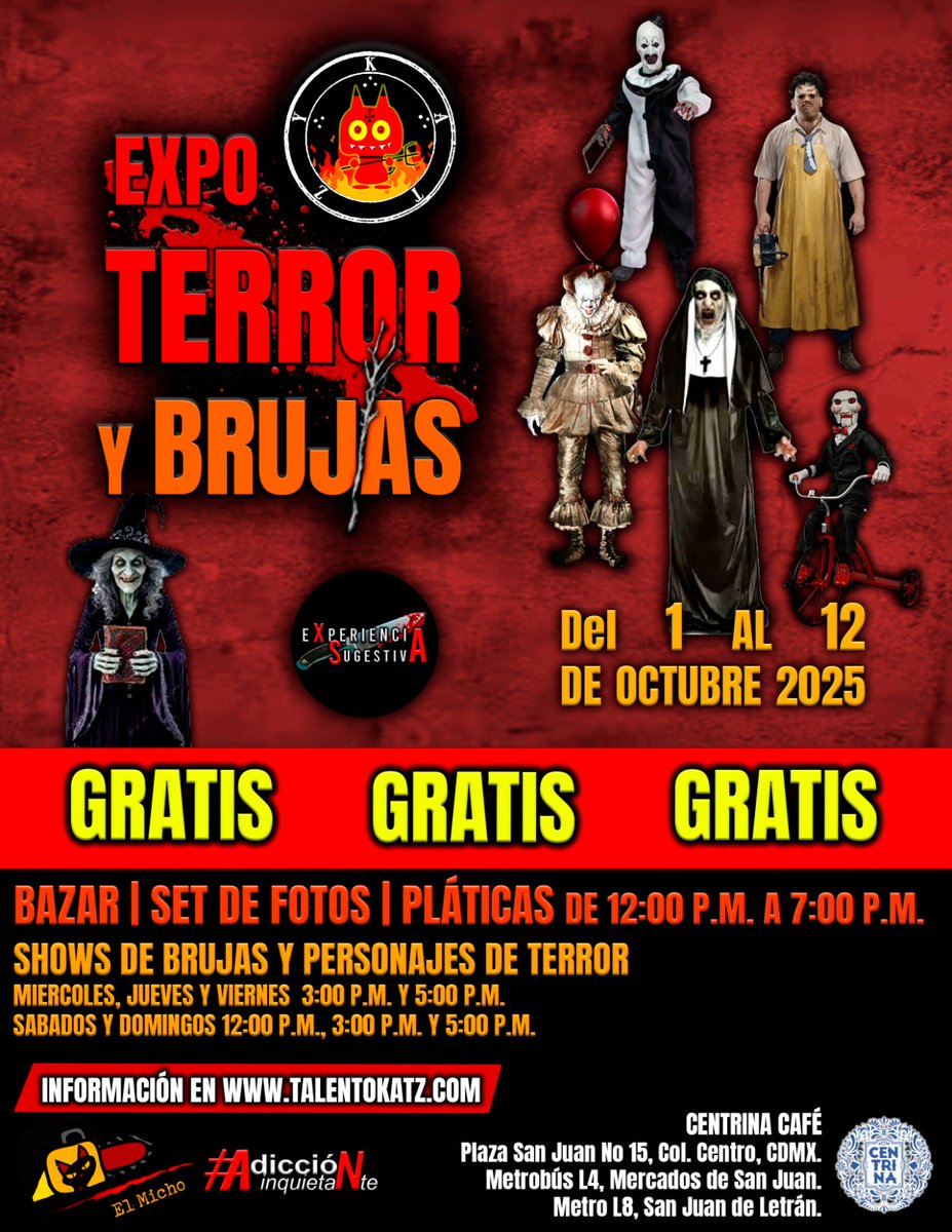 KatzProdsMX's tweet photo. EXPO TERROR Y BRUJAS 🧙‍♀️🕯️🧌👿
Obtén tus boletos gratis en este link https://t.co/gNPvKThCO1

#ExperienciaSugestiva
#AdiccionInquietante
#ExpoTerrorYBrujas https://t.co/wExsOZBOPL