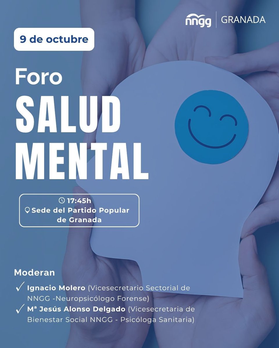 🧠 Foro SALUD MENTAL

🗓️ 9 de octubre  
⌚️ 17:45  
📍 Sede del Partido Popular de Granada