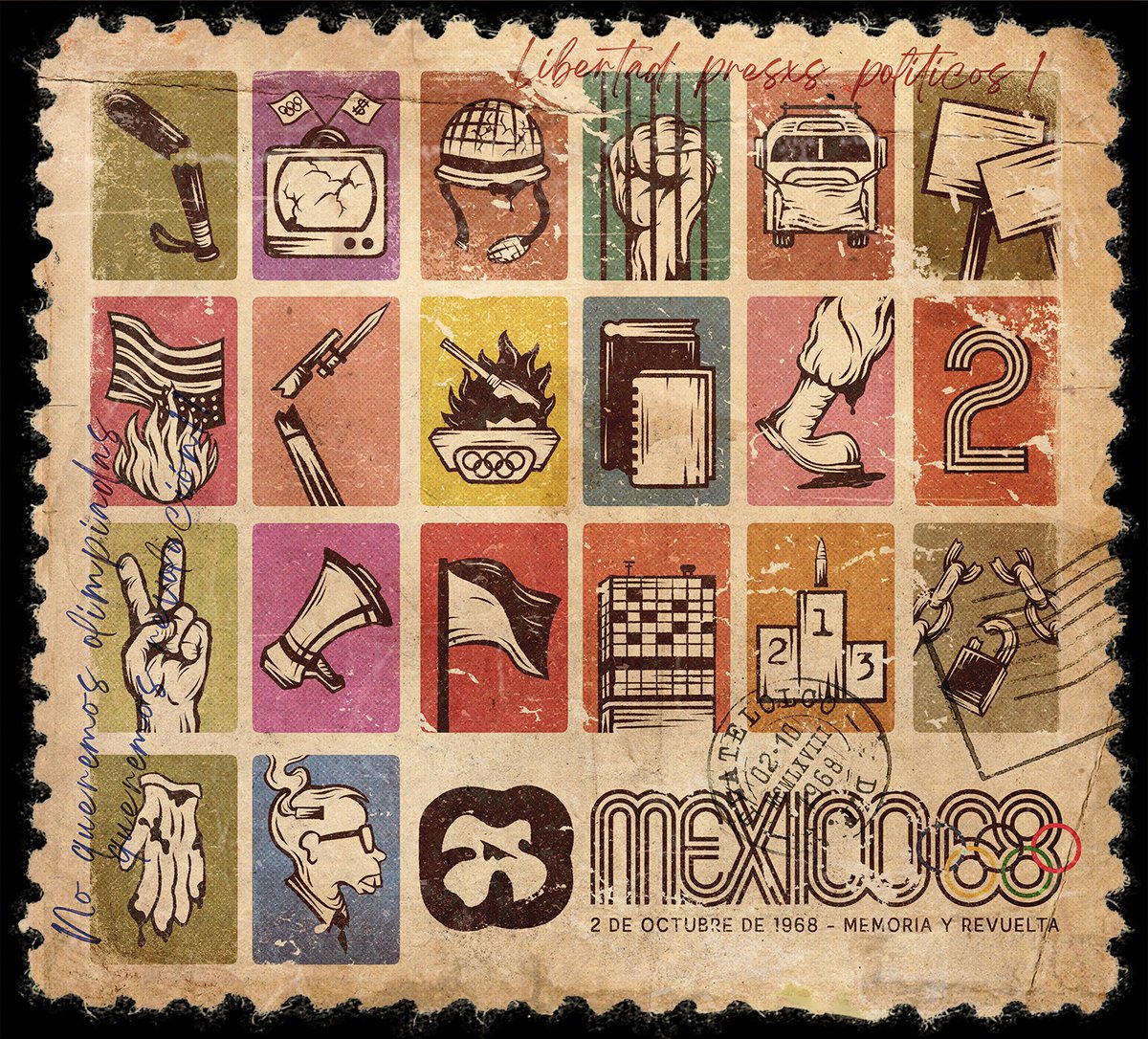 Postales que reinterpretan iconos de 1968. 2 de octubre No se olvida!  #2deOctubre #Tlatelolco #Tlatelolco68 #PlazaDeLasTresCulturas #México68 #MovimientoEstudiantil #OlimpiadasMéxico #OlimpiadasMéxico68 #PresxsPoliticxs #Disturbios #Protesta #Memoria #MemoriaYRevuelta