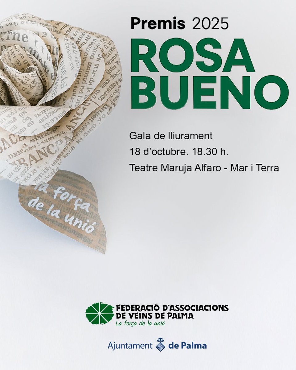 FAAVVPalma's tweet photo. Ens complau recordar-vos que enguany se celebra una nova edició dels Premis Rosa Bueno, que esperam que siguin, un any més, un punt de trobada per als veïns i veïnes de Palma.

Data: 18 d’octubre de 2025
Hora: 18.30 hores
Lloc: Teatre Maruja Alfaro – Mar i Terra https://t.co/JxSNaMXOvR