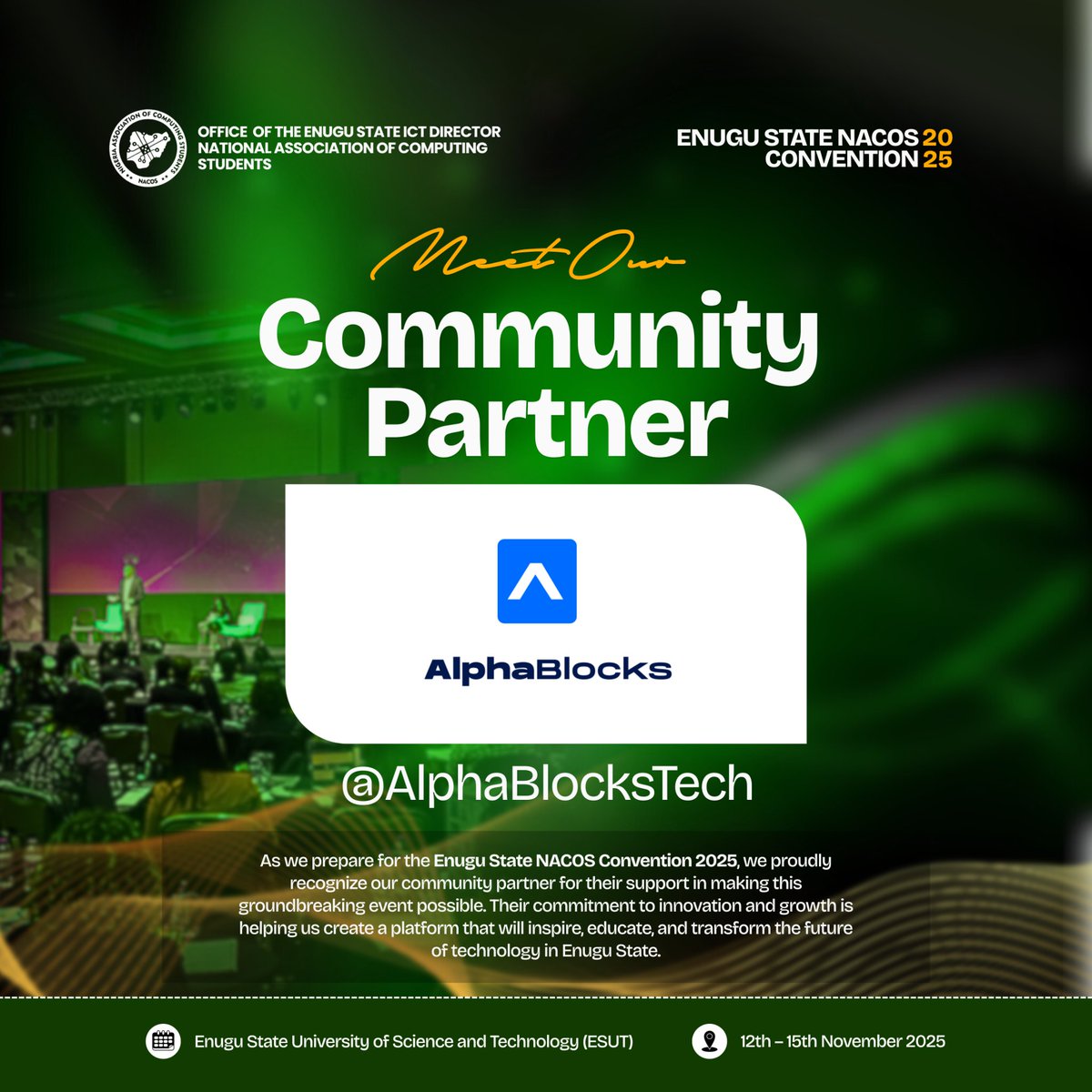 nacossoutheast's tweet image. Announcing Community Partner
We’re thrilled to have
@AlphaBlocksTech
join us as a community partner for the Enugu State NACOS Convention - “DIGITIZE ” Their dedication to blockchain education and awareness will bring incredible value to our event.