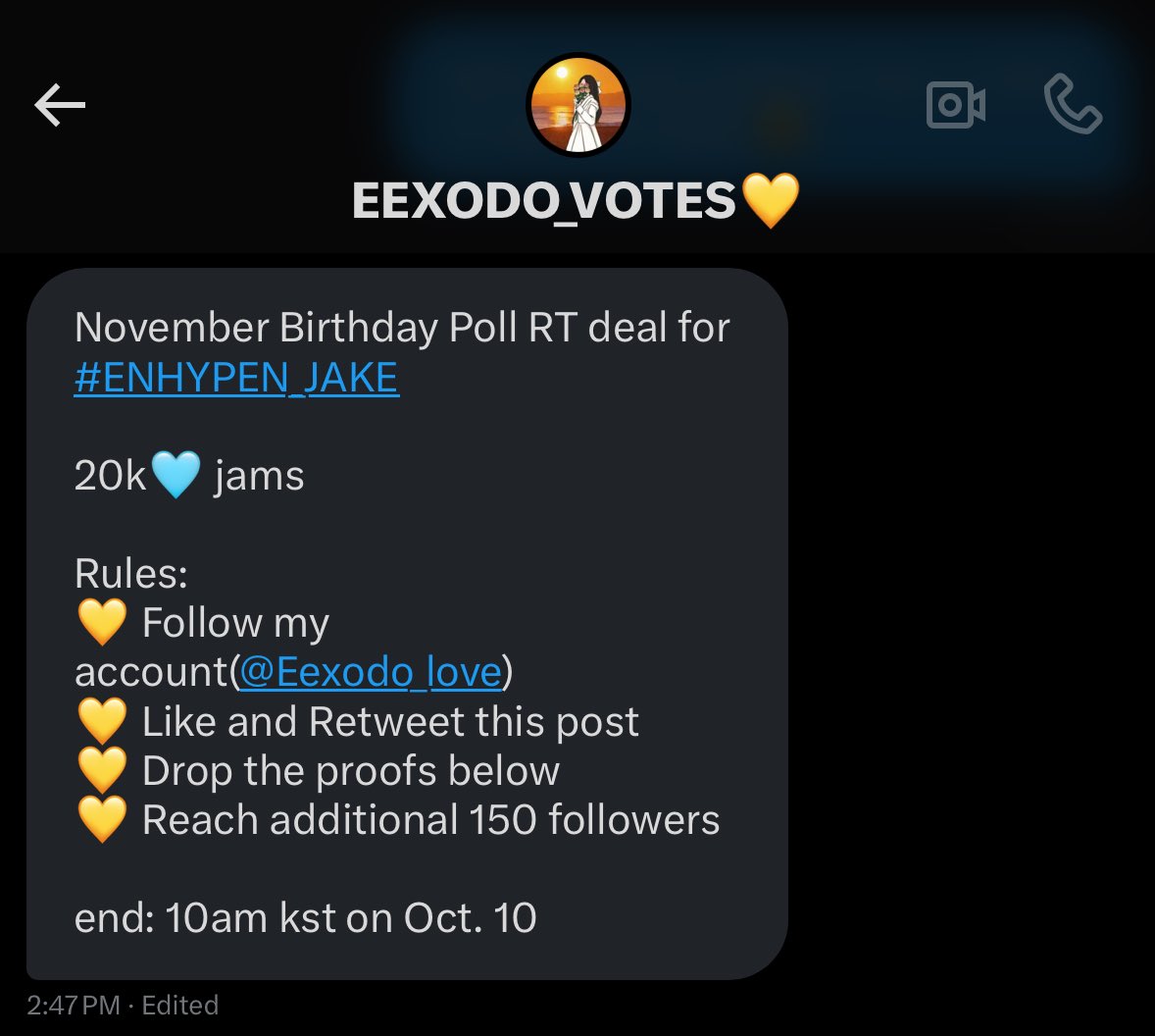 November Birthday Poll RT deal for #ENHYPEN_JAKE 

20k🩵 jams

Rules: 
💛 Follow my account(<a href="/Eexodo_love/">EEXODO_VOTES💛</a>)
💛 Like and Retweet this post
💛 Drop the proofs below
💛 Reach additional 150 followers

end: 10am kst on Oct. 10