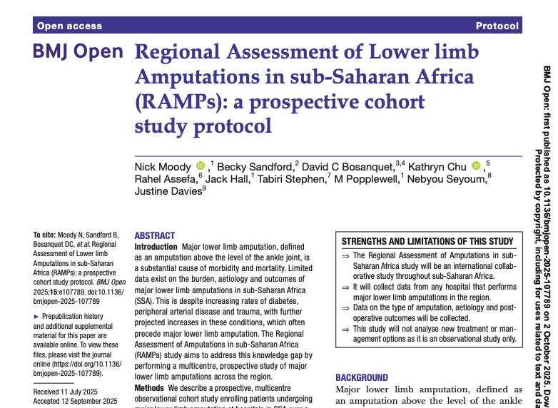 RAMPs_study's tweet image. Great to see the RAMPs protocol published in BMJOpen today as we continue to collect data on amputations in sub-Saharan Africa bmjopen.bmj.com/content/bmjope…