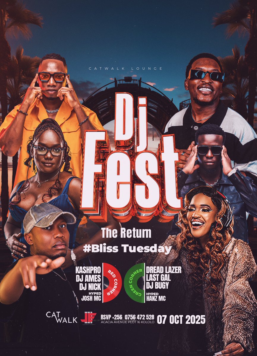 Paul256_'s tweet photo. 🚨 DJ FEST IS BACK! 🚨
This BlissTuesday – 7th Oct 2025
at @CatwalkKla Lounge, Kololo 🎧🔥
🔴 Red Corner: Kashpro | DJ Ames | DJ Nick
🟢 Green Corner: Dread Lazer | Last Gal | DJ Bugy
Don’t miss the ultimate DJ showdown!
📞 RSVP: +256 0756 472 528
#DJFest #BlissTuesdays https://t.co/GhRdQae1XR