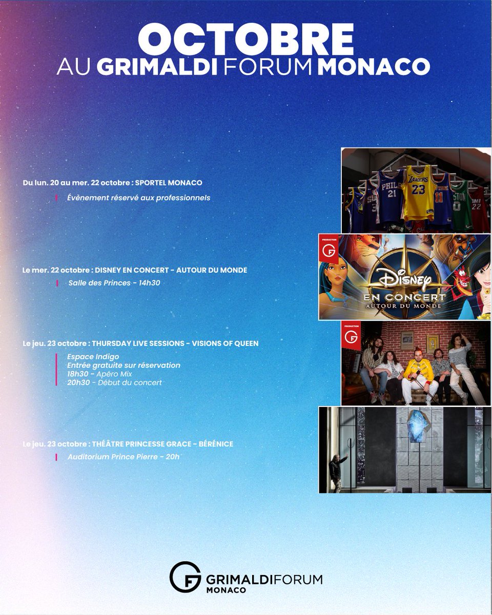 Grimaldi_Forum's tweet photo. Nous sommes le 3 octobre, découvrez les évènements du mois au @Grimaldi_Forum !
❓Et vous, où est-ce que l’on vous retrouvera ce mois-ci ?
🗓️ Pour en savoir plus sur notre agenda des évènements : https://t.co/jEAxuecc3G
#LikeNowhereElse #VisitMonaco #EventProfs https://t.co/3s7cGV9pEx